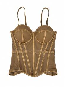 Kamisol Jala Tanpa Punggung Bergaya Korset Warna Polos untuk Wanita dengan Bra, Pakaian Dalam Kasual Musim Gugur/Musim Dingin untuk Musim Panas - Coffee Brown - View 4