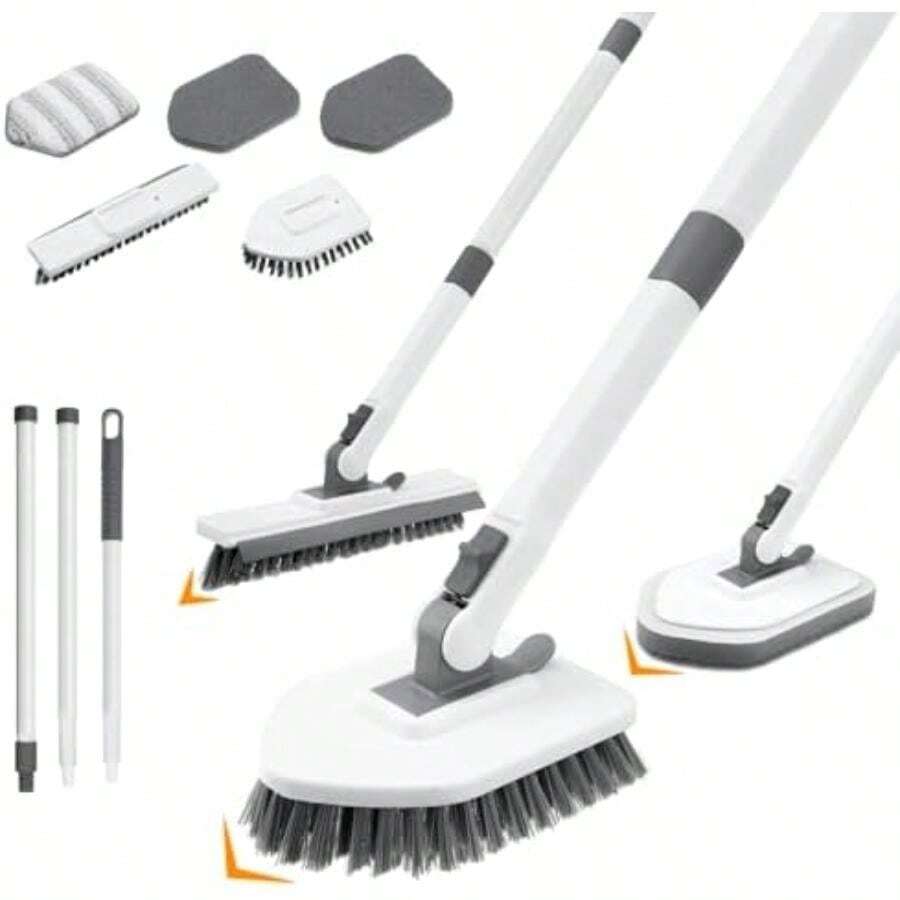cepillo para polvo de limpieza 4 en 1 para ducha, lavador de tina y azulejos con mango largo, cepillo para polvo de lechada, cerdas rígidas, cepillo para polvo de esponja, almohadilla de microfibra,(default) - Multicolor - Ver 1