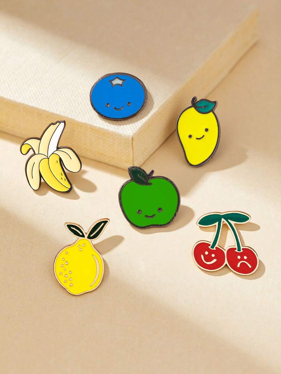 1/6pcs Cartoon Fruit Brooch, Banana, Cherry Alloy Badge, Cute Japanese Style Backpack Decor, Anti-Lost Pin - Multicolor - View 1