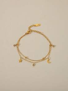 1件简约优雅的18K不锈钢星月叠层手链，适合少女日常佩戴 - 金色 - 查看 3