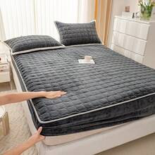 Milk Plush Fitted Sheet, Thickened Quilted Coral Fleece Plush Mattress Protector Cover, Full Wrap - Dark Grey - View 2