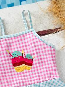 Young Girl Cute Ice Cream Plaid Ruffle Hem One-Piece Swimsuit - Pink - View 4