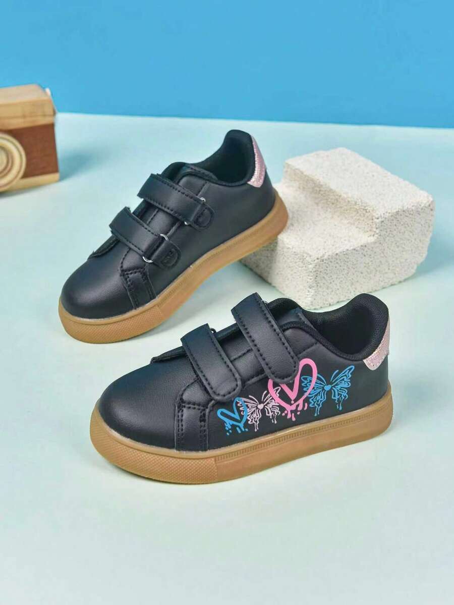 1 Pair Kids Heart Print Flat Double Strap Casual Wear Non-Slip Athletic Flat Shoes - Pink - View 1