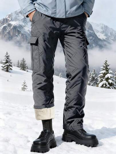 Hidkat Men's Thick Warm Cargo Pants, High-Quality Fabric With Letter Patch Decor, Suitable For Outdoor, Camping, Sports And Other Casual Occasions In Winter. Boyfriend Style Cargo Pants, Retro Urban Boy Vibe, Comfortable And Warm, Essential Winter Sports Pants.
