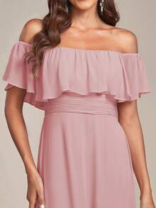 Off Shoulder Ruffles Sleeve Side Split A-Line Bridesmaid Dress Wedding Guest Dress Wedding - Baby Pink - View 6