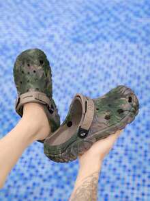 男士镂空套脚凉鞋，棕榈树图案，包头设计，加厚EVA软底，透气防滑，宽松两穿，适合户外、海滩、通勤等多种场合，卡其绿色，夏季拖鞋 - 卡其色 - 查看 8