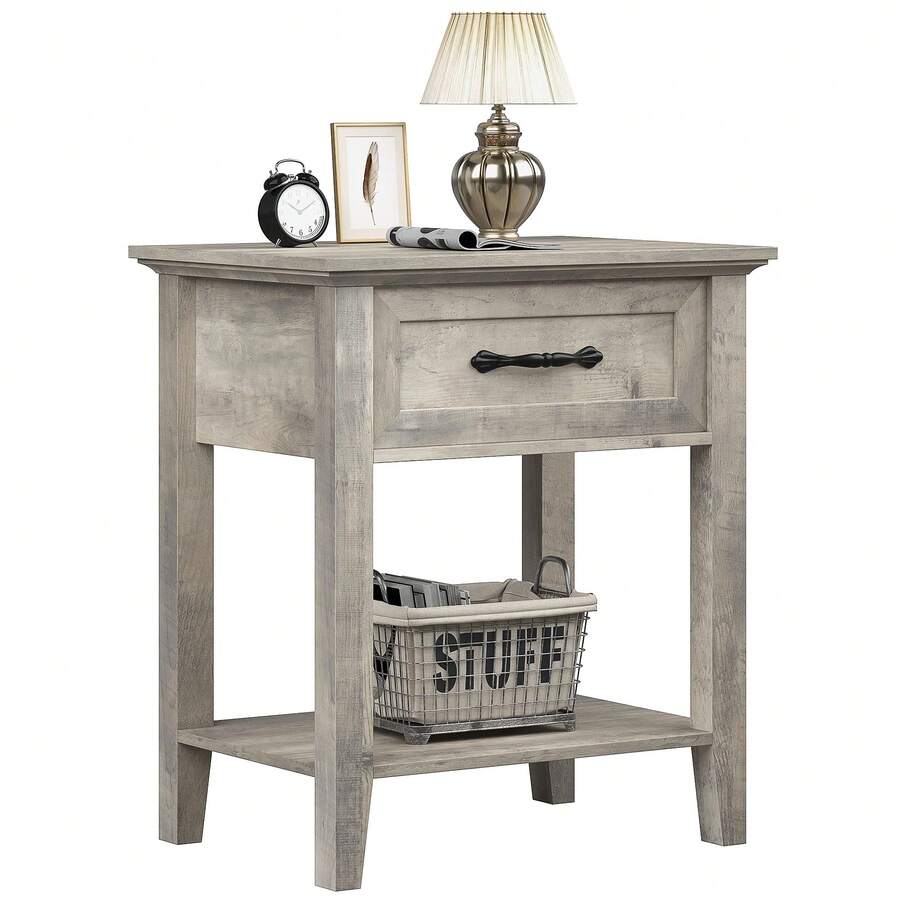 Mesita De Noche De Estilo Industrial con Cajón y Estantes Abiertos, Que Sirve como Mesa Auxiliar Versátil para Dormitorios, Oficinas y Salones. - Gris Claro - Ver 1