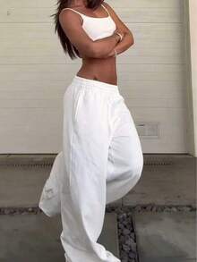 Women's Solid Casual Loose Wide-Leg Pants With Pockets - Long Length Soft & Comfy For Streetwear & Loungewear Women's Clothing Women's Trousers Women's Bottoms - White - View 9