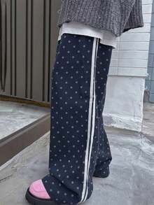 可爱复古日系高腰显瘦波点直筒休闲裤 春季 - 藏蓝色 - 查看 3