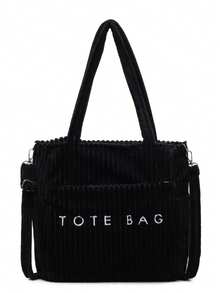 复古欧式时尚链条灯芯绒手提包，柔软刺绣字母优雅女士可拆卸肩带托特包 - 黑色 - 查看 12