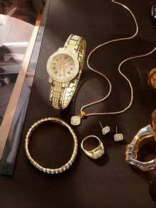 7件套优雅石英手表及珠宝套装，时尚女士圆形手表，水晶项链，耳环，戒指，手链套装（不含礼盒） - 金色 - 查看 5