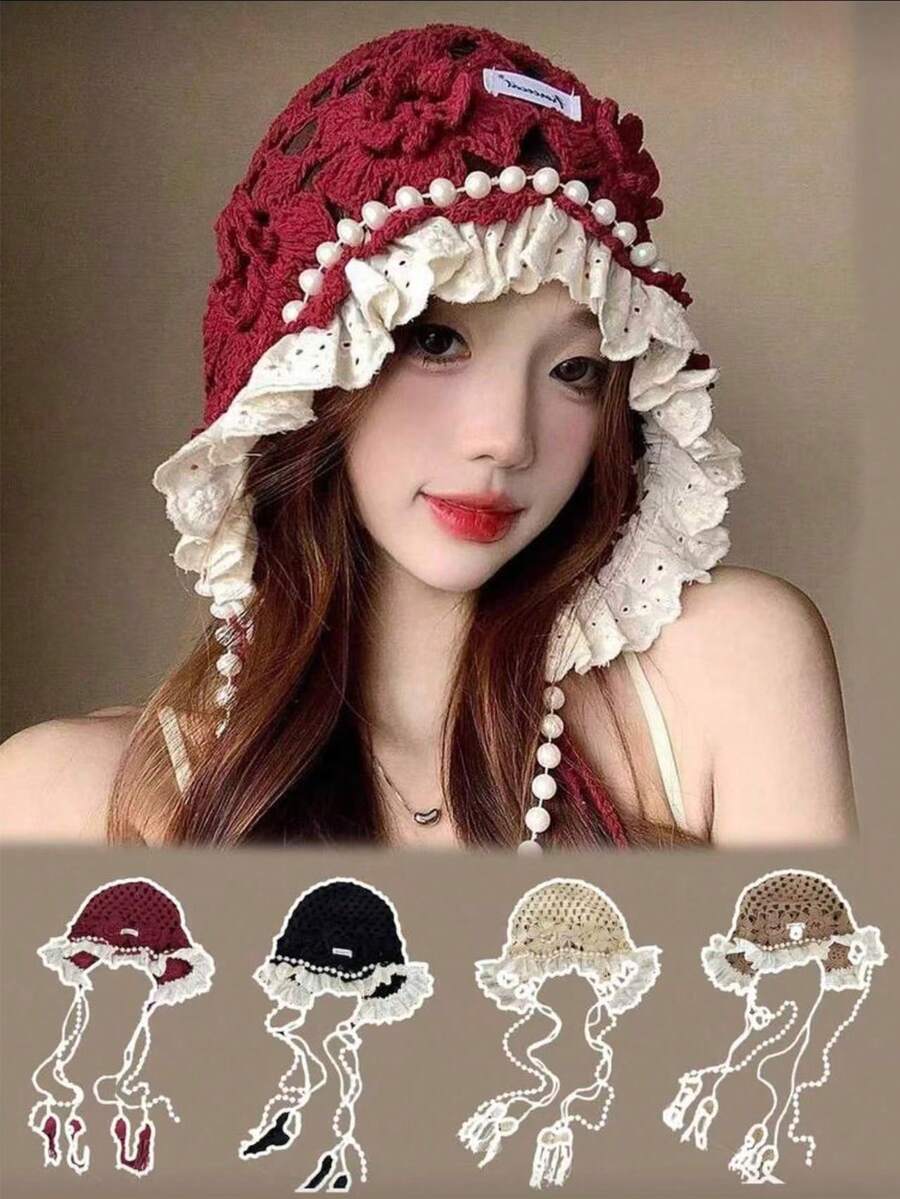 1顶手工钩编镂空针织帽，轻盈针织流苏装饰时尚女帽，夏季遮阳帽，波西米亚风格，适合母女佩戴，女士度假装扮（随机字母缝制标签） - 彩色 - 查看 1