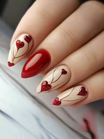 24pcs Red Heart Matte Almond Short False Nails With 1pc Nail File, Suitable For Women And College Students, For Valentine's Day, Party, Gathering