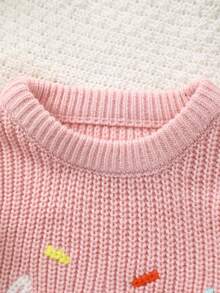 女童甜美森系圆领“生日礼物”刺绣针织套头毛衣，可爱甜美，适合休闲穿着，舒适保暖，醒目易穿，秋冬季 - 粉色 - 查看 2