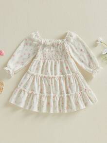 Vestido floral para niña pequeña, manga larga, fruncido, corte A, con volantes escalonados para primavera y otoño - Albaricoque - Ver 2