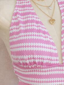 女士条纹纹理面料挂脖泳衣套装，含平角泳裤，夏季