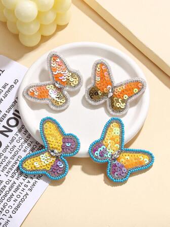 キュートなキラキラスパンコール ハンドメイド 米粒ビーズ パール バタフライ ピアス - Y2Kスウィートスタイル レディースファッションジュエリー、パーティー、音楽フェス、デイリーウェアに