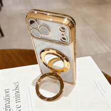 奢华水钻镜头保护镀层防摔手机壳，带闪亮亮片化妆镜指环支架，高品质防震边框后盖，兼容 17/16E/15/14/13/12/11/X/XS Max/XR/Pro Plus、Galaxy A02S-A07/A12-A17/A22-A26/A32-A36/A50-A56/S20-S25、荣耀 Magic、OPPO Reno，以及 Redmi、Infinix Smart 等更多机型 - 金色 - 查看 8