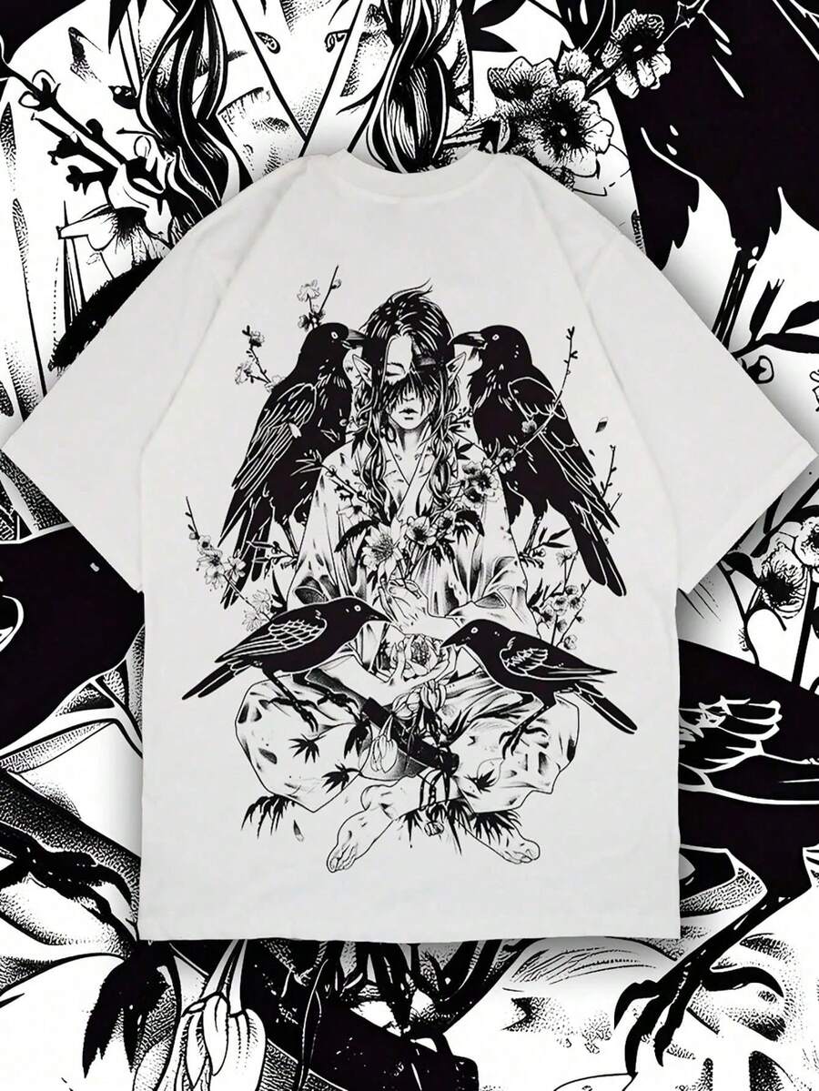 Men's Summer Sports Dark Graphic Print Round Neck Short Sleeve T-Shirt, Casual Short Sleeve - White - View 1
