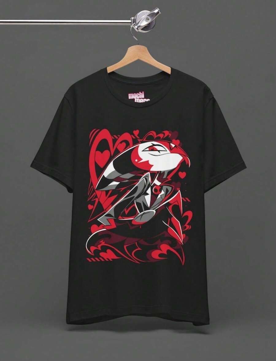 Red Heart Anime Character Graphic Cotton Shirt - Plus Size Skin-Friendly For Anime Fan Meetups - 黑色 - 查看 1