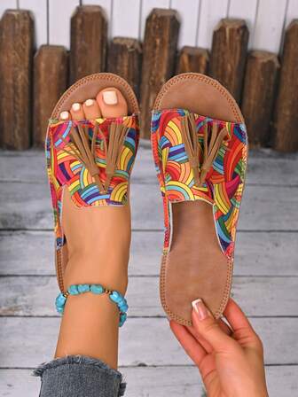 Rainbow Bow Decor Dam Platta Sandaler, Bekväma Massagesula Färgglada Strandtofflor