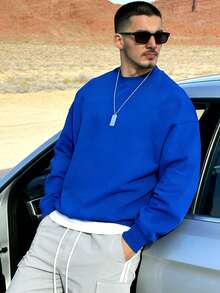 男士休闲运动卫衣 - 纯色，长袖，针织面料，H型版型，适合徒步旅行和户外活动，涤纶材质，圆领，秋冬季运动风 - 藍色 - 查看 3