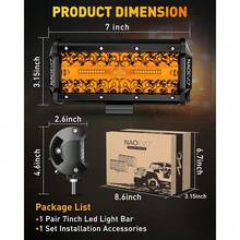 NAOEVO Barra De Luces LED De 7 Pulgadas, 240W 24,000LM Luces De Conducción Led Pods Spot Flood Combo Beam Amarillo - Ámbar - Ver 8