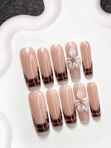 10pcs Minimalist Nude Color French Manicure Nail Stickers, Elegant White Flower Nail Art Decals, Brown Nail Polish, 3 Sizes Available: Almond, Duck Mouth, Coffin Shape, Comes With Nail Tools (1 Jelly Sticker + 1 Nail File), Suitable For Party, Gathering, Daily Wear Nails Nail Supplies - 彩色 - 查看 13