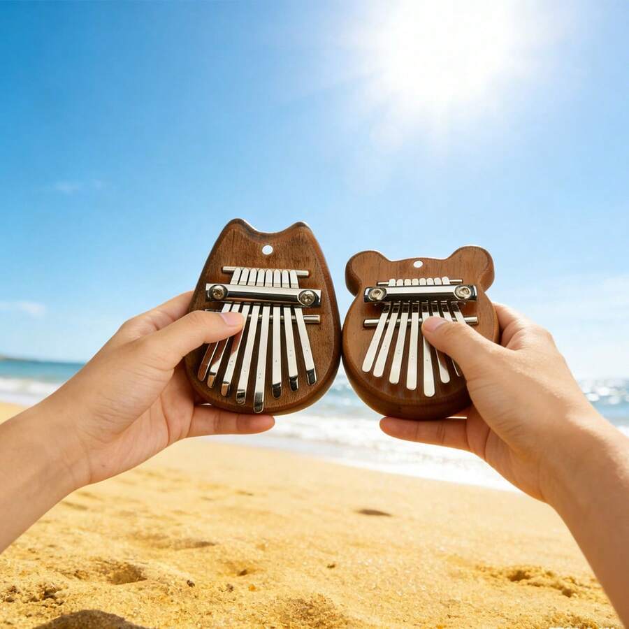 1 Set Mini Teardrop Bear Shaped 8-Note Kalimba Thumb Piano, Solid Wood 5-Finger Kalimba, Portable Plucked Instrument For Beginners, 8-Key Thumb Piano, Portable Wooden Mbira Thumb Piano For Piano Beginners, Bear Shaped, Percussion Instrument, Birthday Gift For Teens/Youth (Also Can Be Used As Necklace Or Keychain), Learning Supplies, Valentine's Day Gift - Multicolor - View 1