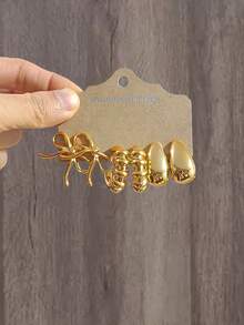 2-18件套时尚优雅轻盈蝴蝶结、海星、贝壳多元素女士耳环首饰，适合全年日常佩戴 - 金色 - 查看 4