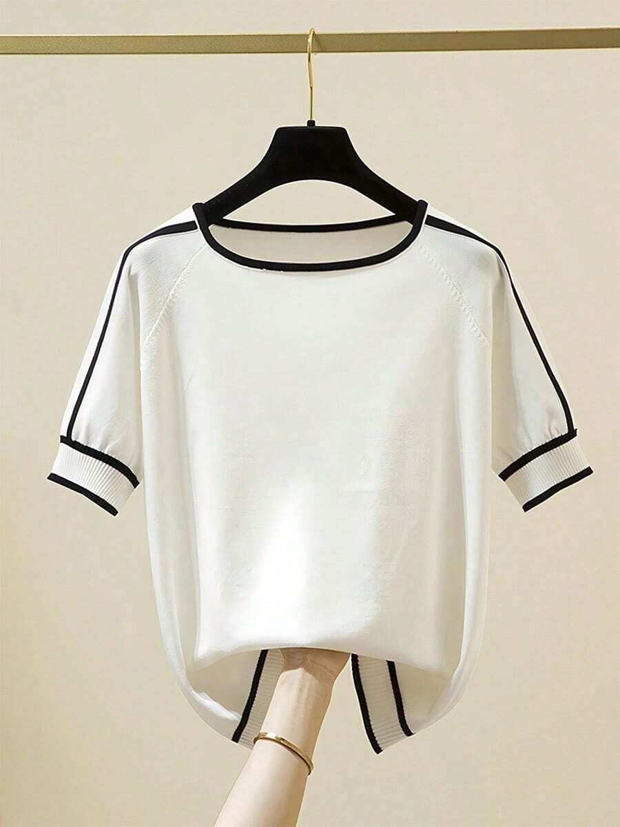 Prendas de punto a rayas de manga corta para mujer, prendas de punto informales para mujer - Blanco - Ver 1