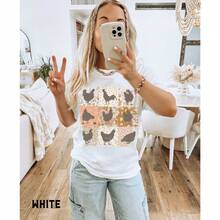 Boho Chickens Shirt,  Retro Farmhouse Floral Backyard Chicken Tee, Cottagecore Aesthetic Clothing, Chicken Gift For Her - 白色 - 查看 4