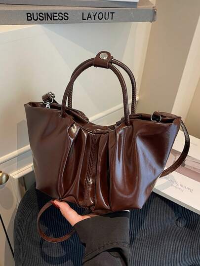 Vintage Crescent Moon Shaped Bag, Fashionable Pleated PU Leather Shoulder Bag, New Glossy Oiled Leather Women's Handbag, Ladies Tote Bag, Crossbody Bag, Buckle Closure, Suitable For Girls, Students, Office Ladies, Commuting, Daily Matching, Casual, Shopping, Travel, Gift