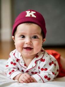 1顶个性化刺绣婴儿帽，幼儿儿童26字母针织帽，手工婴儿无檐帽，新生儿医院帽 - 酒紅色 - 查看 4