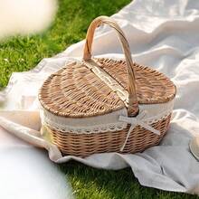 Wicker Picnic Basket With Lid, Vintage French Country Style Rattan Storage Basket, Lace Bow Decor, Outdoor Camping, Beach, Park, Garden Party Photography Prop, Home Storage Gift - Multicolor - View 2