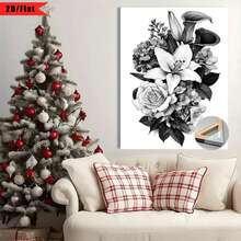 [2D Plano] 1 Pieza de Pintura en Blanco y Negro, Incluyendo Lirio, Rosa, Hortensia, Flor de Verde Invierno| Impresión plana 2D, obra de arte en lienzo, marco de madera, instalación tipo gancho, perfecto para decoración del hogar, habitación, sala de estar, dormitorio, baño, adecuado para Acción de Gracias y otros festivales. - Multicolor - Ver 4