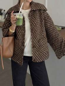 ACKCER 女士宽松休闲长袖针织开衫，翻领设计，棕色度假风 - 棕色 - 查看 2