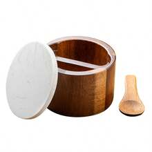 1pc Wooden Salt Cellar With Spoon, Kitchen Marble Lid Seasoning Box, Moisture-Proof Spice Storage Container - Multicolor - View 10