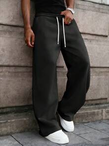 Men's Drawstring Waist Loose Wide Leg Casual Sweatpants, Autumn/Winter - Black - View 2