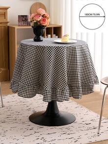 1件黑色格子圆形桌布，复古美式风格，带荷叶边，厨房/客厅装饰，情人节餐桌布 - 黑色 - 查看 9