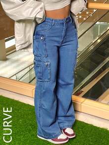 Women's Plus Size Loose Jeans Street Fashion Multi-Pocket Flared Hem, Office Non-Stretch Ladies Daily Wear. - Rửa tối - Xem 2