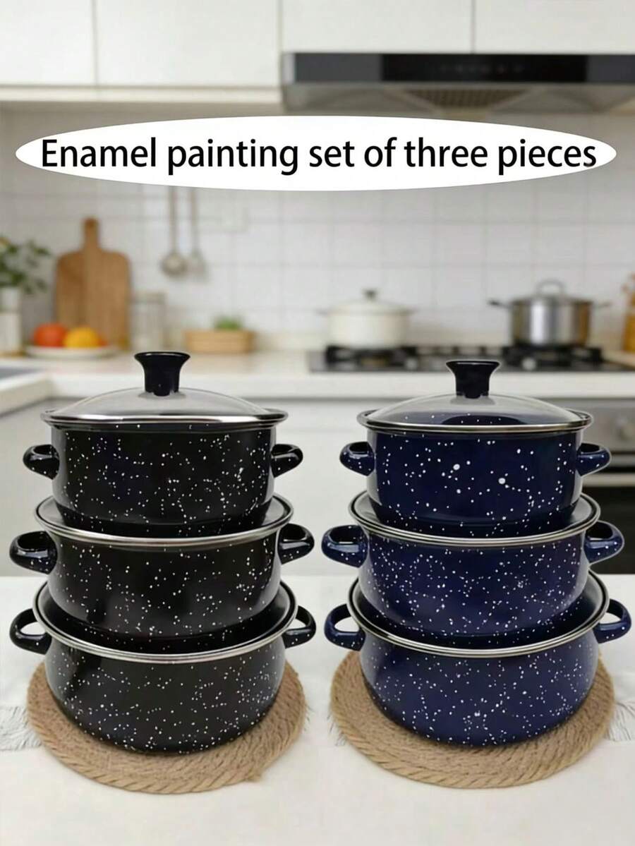 3 件套搪瓷平底锅套装，多色可选，直径 6.3 英寸-7.87 英寸，迷你锅，可煮粥、牛奶、汤、面条，适用于电磁炉和燃气灶，家庭晚餐用品，派对用品