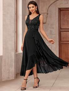 MIUSOL Elegant Women's Sleeveless Deep V-Neck Contrast Sequin Lace Maxi Dress, Bodice A-Line Chiffon Gown With Ruffle High-Low Hem, For Wedding Guest, Prom, Formal Evening Party - màu đen - Xem 6