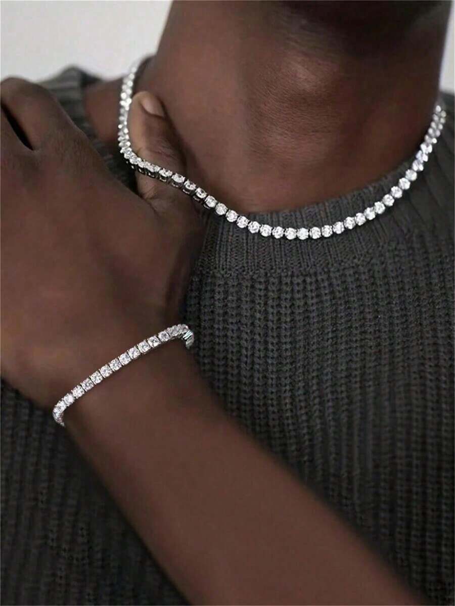 2pcs Tennis Themed Rhinestone Necklace & Bracelet Set, Shiny Hip Hop Jewelry Accessories Suitable For Both Men And Women - Multicolor - View 1