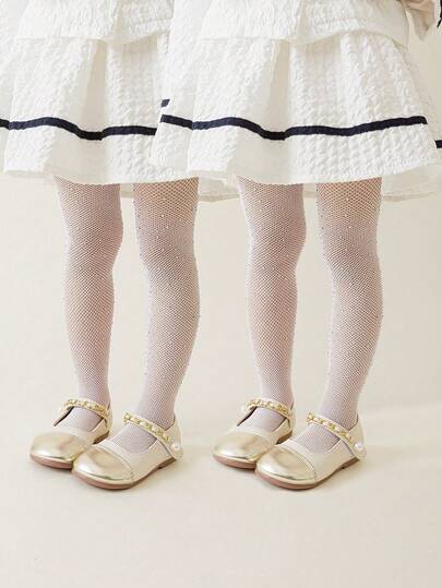 2 piezas Medias blancas para niñas, decoradas con brillantes rhinestones, casual personalizado, finas y suaves, pantimedias cómodas, medias finas y transpirables con malla hueca, adecuadas para vacaciones, bodas, fiestas, días festivos