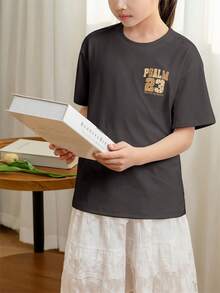 Girls & Teens' Casual Pink Graphic Print Crew Neck Short Sleeve T-Shirt, Summer Top - Dark Grey - View 3