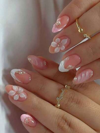 24 piezas Pegatinas de uñas de gel 3D ovaladas cortas, crea uñas con flores de perlas falsas, uñas acrílicas francesas postizas, set de uñas postizas cortas de talla perfecta, incluye: 1 pieza de gel de gelatina y 1 pieza de lima de uñas, manicura francesa y de verano para uñas brillantes y hermosas, adecuado para mujeres y niñas para el trabajo diario y suministros de uñas para fiestas