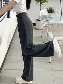 女士灰色高腰褶裥双扣阔腿裤，简约时尚百搭直筒裤，春秋季 - 灰色 - 查看 5