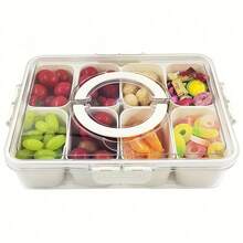 1pc 8-Compartment Sealed Food Storage Container With Transparent Lid - 23*30cm Portable Snack, Fruit And Spice Storage Box - Durable Plastic Kitchen Tray To Keep Fresh And Organized, Kitchen Storage Solution | Transparent Lid Design | Durable Plastic Tray