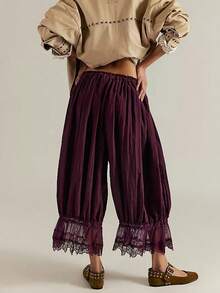 Women Y2K Half Slip Under Dress Pettipants Mid Rise Lace Patchwork Bloomers Trousers Ruffle Pantaloons Cropped Flared Pants Cute Pumpkin Long Pants - Màu Đỏ Sâu - Xem 2